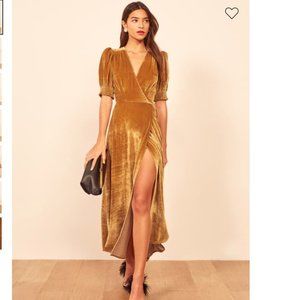 Reformation Peonie Dress Gold Velvet Wrap Dress